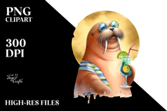 Watercolor Funky Walrus with Cocktail PNG Product Image 2