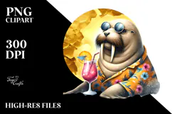 Watercolor Funky Walrus with Cocktail PNG Product Image 2