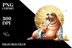 Watercolor Funky Walrus with Cocktail PNG Product Image 2
