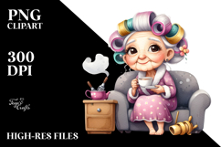 Old Lady Sitting on Couch with Tea Cup | Clipart Product Image 2