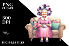 Old Lady Sitting on Couch with Tea Cup | Clipart Product Image 2