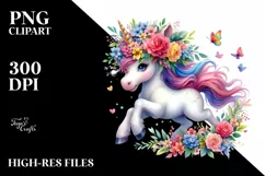 Running Unicorn with Floral Wreath PNG Product Image 3