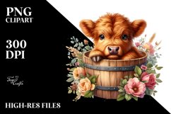 Cute Baby Highland Cow Wood Bucket PNG Product Image 1