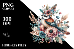 Boho Bird Half Flowers Watercolor Digital Art Product Image 2