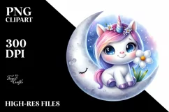 Smiling Baby Unicorn with Snowdrop on Moon | Sublimation | Product Image 1