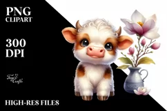 Cute Highland Cow with Magnolia | Sublimation | Clipart Product Image 1