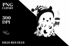 Cute Ghost Wearing Animal Print Holding Coffee PNG Product Image 1