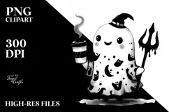 Cute Ghost Wearing Animal Print Holding Coffee PNG Product Image 1