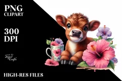 Cute Highland Cow with Hibiscus | Sublimation | Clipart Product Image 1
