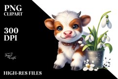 Cute Baby Highland Cow with Snowdrop | Clipart Product Image 1