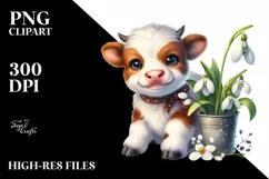 Cute Baby Highland Cow with Snowdrop | Clipart Product Image 1