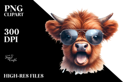 Funny Baby Highland Cow with Funny Sunglasses PNG Product Image 2