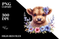 Cute Baby Highland Cow with Flowers | Clipart Product Image 3