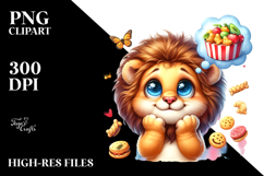 Baby Lion Dreaming of Snacks, Vibrant Watercolor PNG Product Image 2