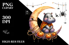 Hippo Dressed for Halloween on Half Moon PNG Product Image 2