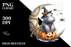 Hippo Dressed for Halloween on Half Moon PNG Product Image 2
