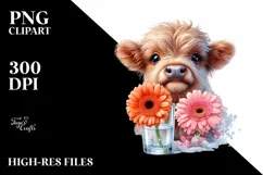Cute Highland Cow with Gerbera | Sublimation | Clipart Product Image 1