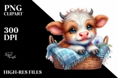 Cute Highland Cow Smiling in Basket | Sublimation | Clipart Product Image 1