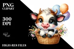 Cute Highland Cow Smiling in Basket | Sublimation | Clipart Product Image 1