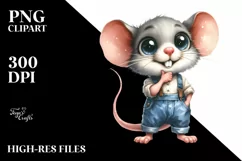 Watercolor Mouse Big Eyes, Farm Jeans Standing Clipart Product Image 3