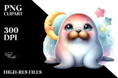 Colorful Smiling Baby Walrus Moon Clipart Product Image 3