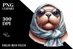 Washed Walrus Portrait with Silk Scarf | Watercolor Clipart Product Image 1
