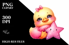 Smiling Cute Baby Duck Cuddling Star PNG Product Image 2