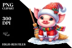 Cute Baby Pig Christmas Broom Clipart Product Image 1