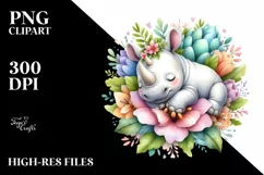 Colorful Baby Rhino Sleeping in Flower | Clipart Product Image 1