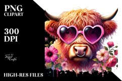 Detailed Pink Highland Cow with Heart Sunglasses, PNG Product Image 2
