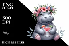 Watercolor Young Hippo with Flowers | Sublimation Clipart Product Image 1