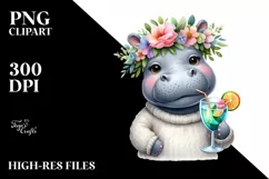 Watercolor Young Hippo with Flowers | Sublimation Clipart Product Image 3
