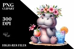 Watercolor Young Hippo with Flowers | Sublimation Clipart Product Image 1