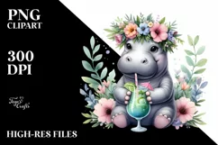 Watercolor Young Hippo with Flowers | Sublimation Clipart Product Image 3