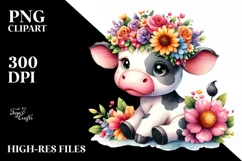 Sweet Cartoon Cow with Flower Crown | Sublimation | Clipart Product Image 3