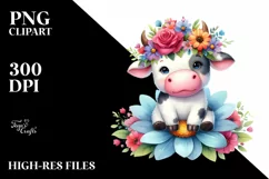 Lovely Cartoon Cow with Flower Crown | Sublimation | Clipart Product Image 3