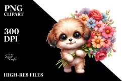 Cute Funny Puppy with Flower Bouquet | Sublimation | Clipart Product Image 1