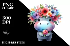 Adorable Hippo with Flower Crown | Sublimation | Clipart Product Image 1