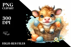 Watercolor Baby Highland Cow in an Egg Basket Product Image 1