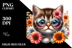 Baby Cat with Sunglasses and Flower, Watercolor Design PNG Product Image 2