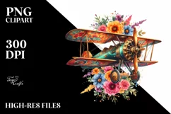 colorful Vintage Biplane with Flowers | Clipart Product Image 1