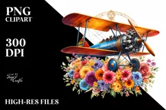 colorful Vintage Biplane with Flowers | Clipart Product Image 1