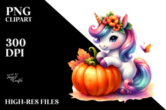 Cute Baby Unicorn with Pumpkin Watercolor PNG Product Image 2