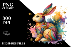 Colorful Wooden Bunny with Golden Insertions, PNG Product Image 2