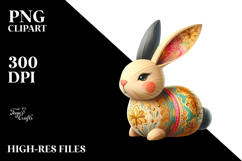 Colorful Wooden Bunny with Golden Insertions, PNG Product Image 2