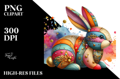 Colorful Wooden Bunny with Golden Insertions, PNG Product Image 2