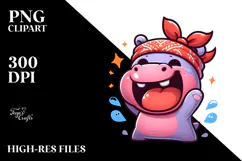 Ridiculously Cute Cartoon Hippo with Bandana, Transparent Product Image 2