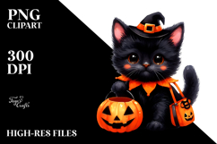 Cute Baby Black Cat Dressed for Halloween Watercolor PNG Product Image 2