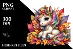 Colorful Unicorn with Autumn Leaves PNG Product Image 1