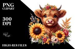 Cute Baby Highland Cow with Sunflower | Clipart Product Image 3